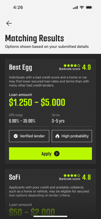 Lender matching screen