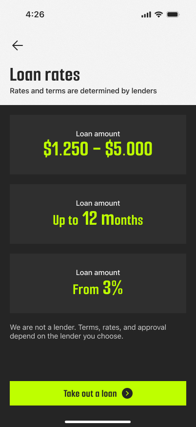 Loan rates screen