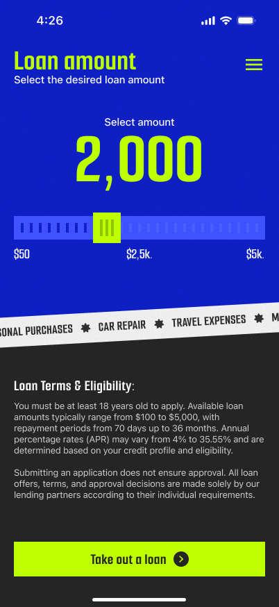 Loan amount app screen